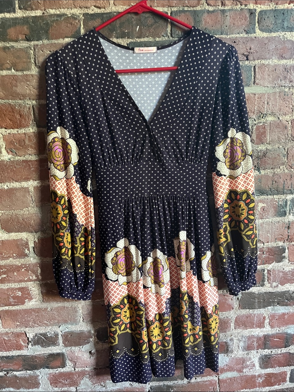 Fire Los Angeles Black Long-Sleeve Floral Midi Dress with Mustard Accents